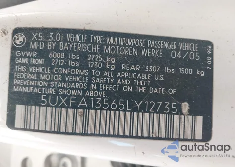 2005 BMW X5 3.0I from USA, damaged, VIN 5UXFA13565LY12735